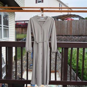 Uniqlo Solid Khaki Dress Long Sleeve - V Neck Shirt Dress